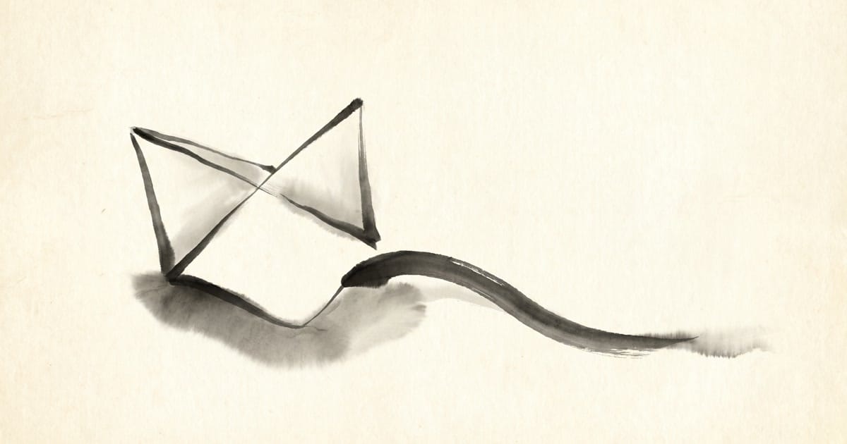 A folded paper form in ink with a single brushstroke reaching toward an empty point, a line addressed across distance.