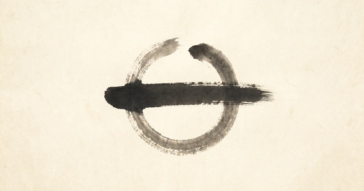 An empty ink ensō circle crossed by a deliberate horizontal stroke on aged cream washi paper, a quiet refusal.