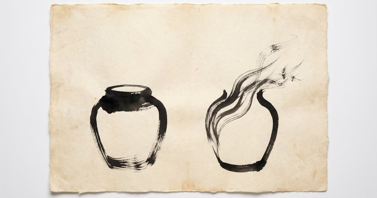 Two sumi-e vessels on aged cream washi paper: the left a closed jar holding its form, the right a kindred vessel whose upper boundary dissolves into ink-gestures refusing containment.