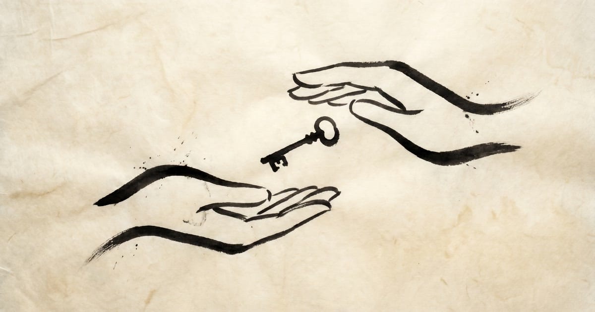 Two hands meeting in sumi-e ink on aged cream washi paper, one offering and one accepting, with a small key suspended between them at the inflection moment of exchange.