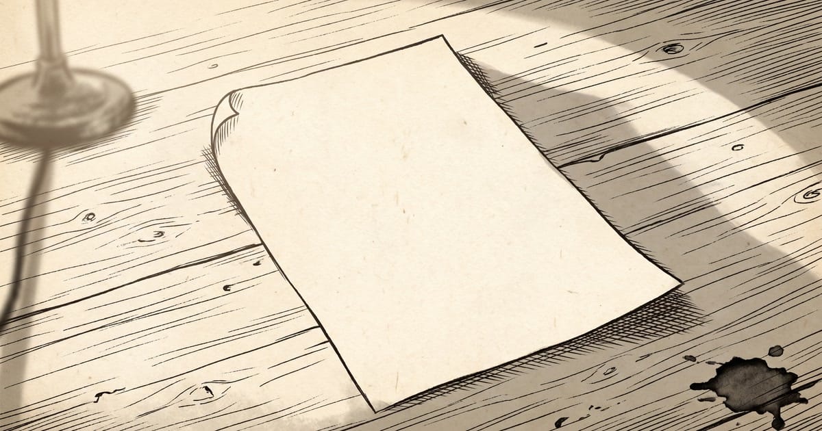 A blank sheet of paper on a wooden desk in late-evening light. Ink-drawing style.