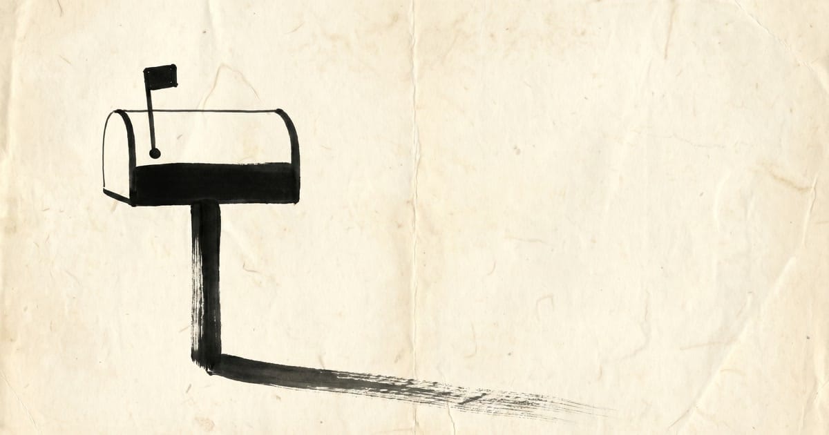 A solitary sumi-e rural mailbox in profile on aged cream washi paper, its small flag tipped upward on a thin pole, with a long dry-brush shadow trailing toward the right edge.