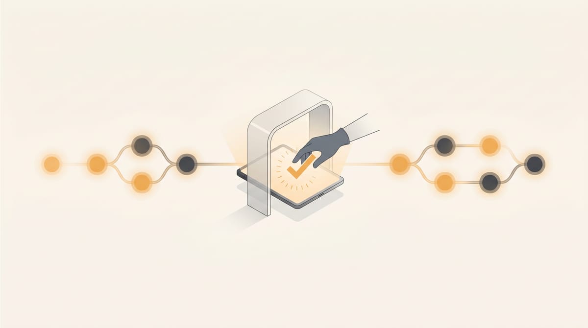 An AI agent pipeline of connected nodes flowing left to right, pausing at a central gate where a human hand approves with a checkmark before the flow continues.