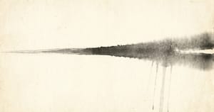 Single horizontal ink brushstroke opening across aged cream washi paper, like first light crossing a threshold.