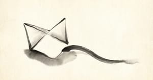 A folded paper form in ink with a single brushstroke reaching toward an empty point, a line addressed across distance.