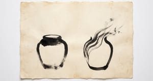 Two sumi-e vessels on aged cream washi paper: the left a closed jar holding its form, the right a kindred vessel whose upper boundary dissolves into ink-gestures refusing containment.