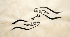 Two hands meeting in sumi-e ink on aged cream washi paper, one offering and one accepting, with a small key suspended between them at the inflection moment of exchange.