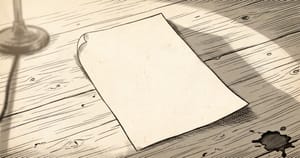 A blank sheet of paper on a wooden desk in late-evening light. Ink-drawing style.