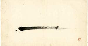 A single horizontal sumi-e brushstroke on aged cream washi paper, beginning with a wet ink head and feathering into dry-bristle wisps that stop well short of the right edge.