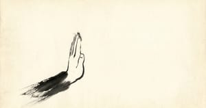 Sumi-e brush painting: a single hand raised vertical, palm facing forward in a stop gesture, rendered in black ink with dry-bristle wisps at the fingertips, on aged cream washi.