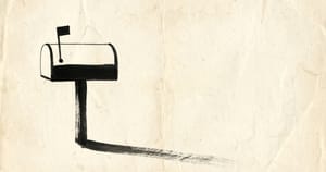 A solitary sumi-e rural mailbox in profile on aged cream washi paper, its small flag tipped upward on a thin pole, with a long dry-brush shadow trailing toward the right edge.