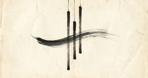 Three sumi-e chime-tubes on aged cream washi paper, intersected by a horizontal wind-stroke whose wet-ink center feathers into dry-bristle wisps — wind made visible as absent player.