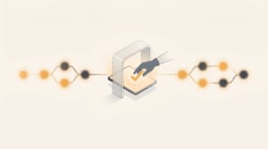 An AI agent pipeline of connected nodes flowing left to right, pausing at a central gate where a human hand approves with a checkmark before the flow continues.